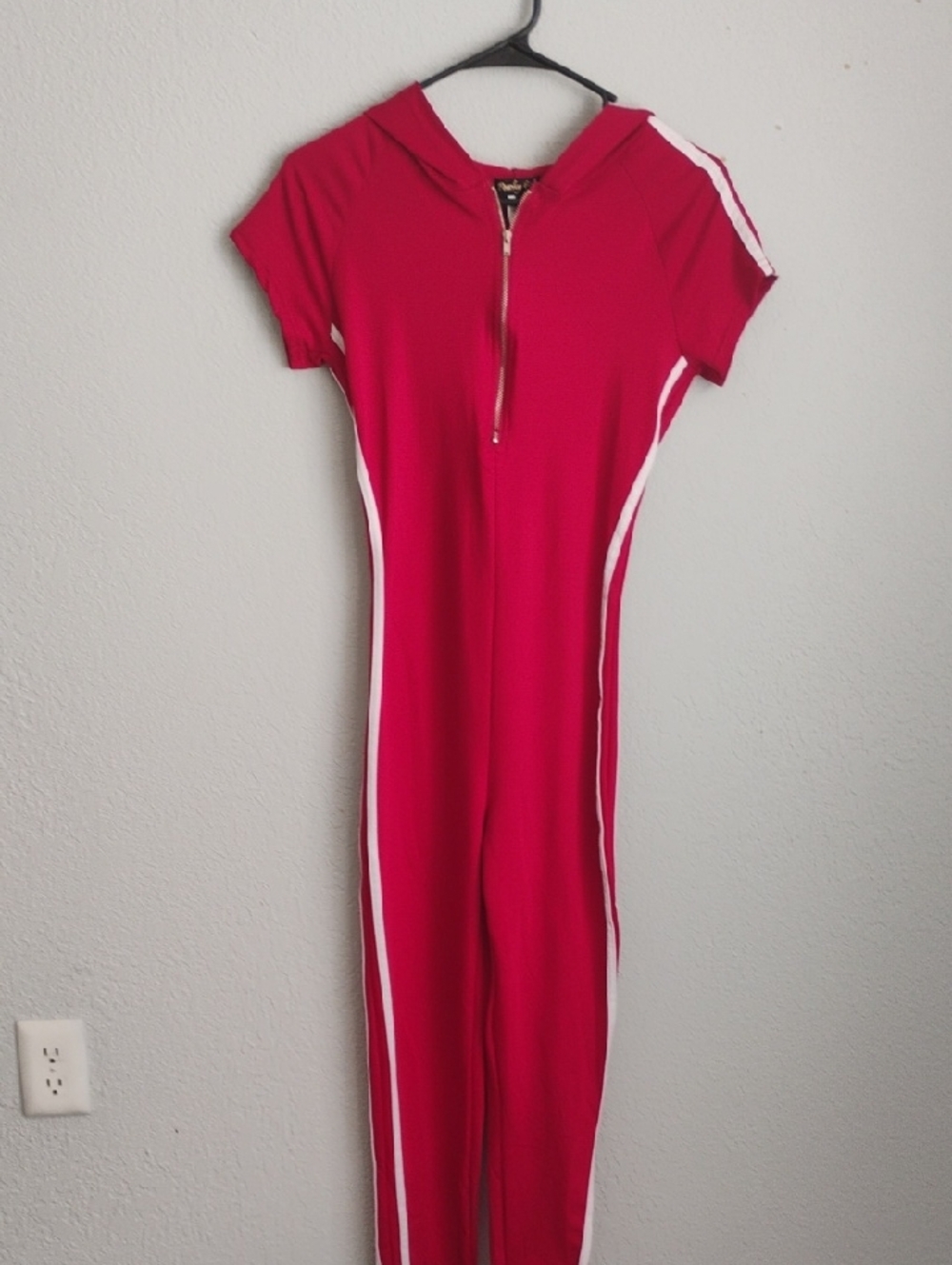 Red Hooded Jumpsuit with White Side Stripes